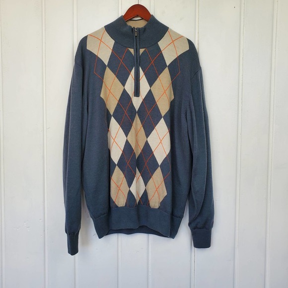 Footjoy Men's L Green Tan Golf Argyle Insulated 100% Wool 1/4 Zip Sweater Jacket - Picture 1 of 12